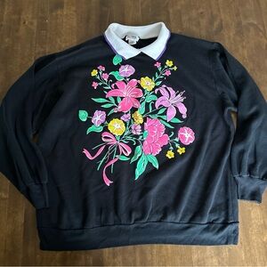 VTG Grandma Sweatshirt Collar Bright Flowers 80s 90s Lightweight Easter Teacher
